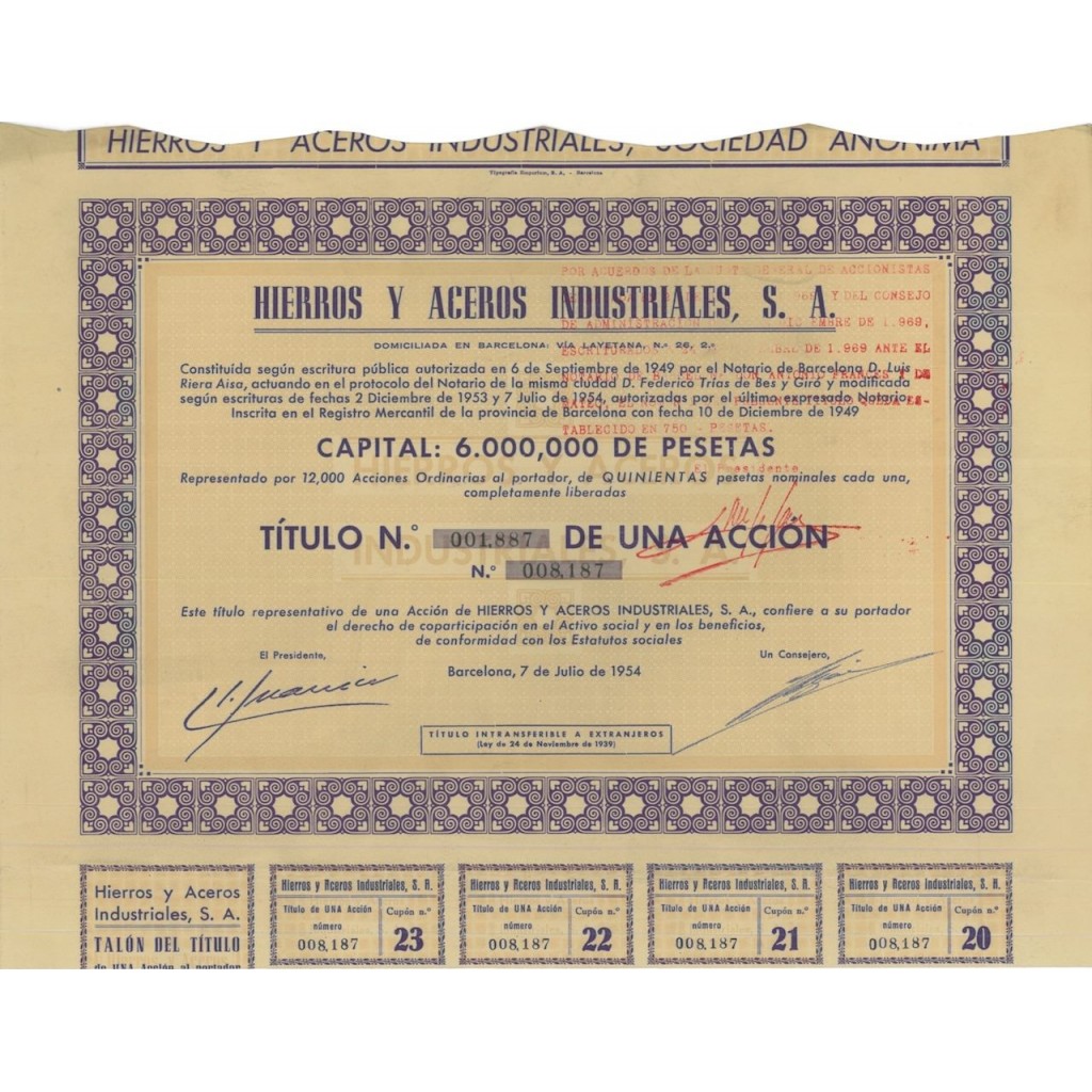 HIERROS Y ACEROS INDUSTRIALES S.A. 1 AZIONE - 1954