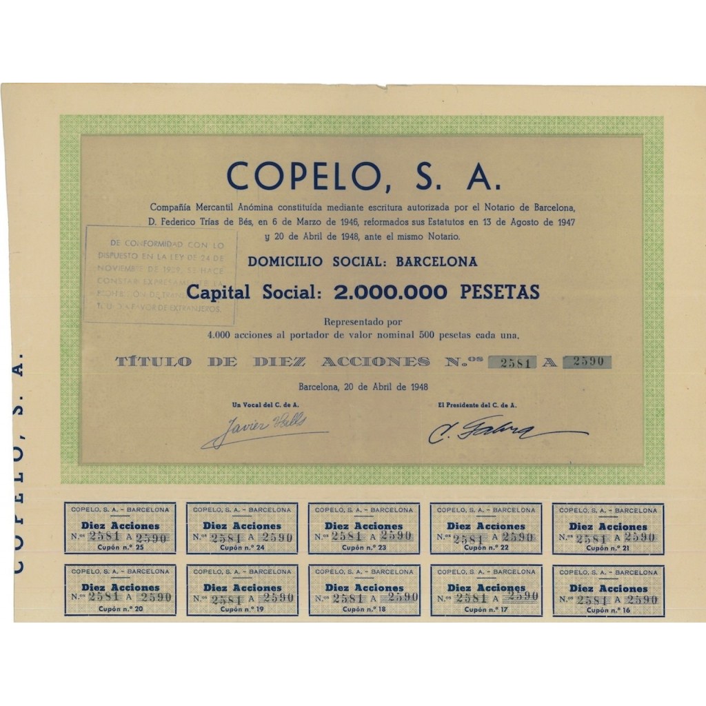 COPELO S.A. - 10 AZIONI - 1948