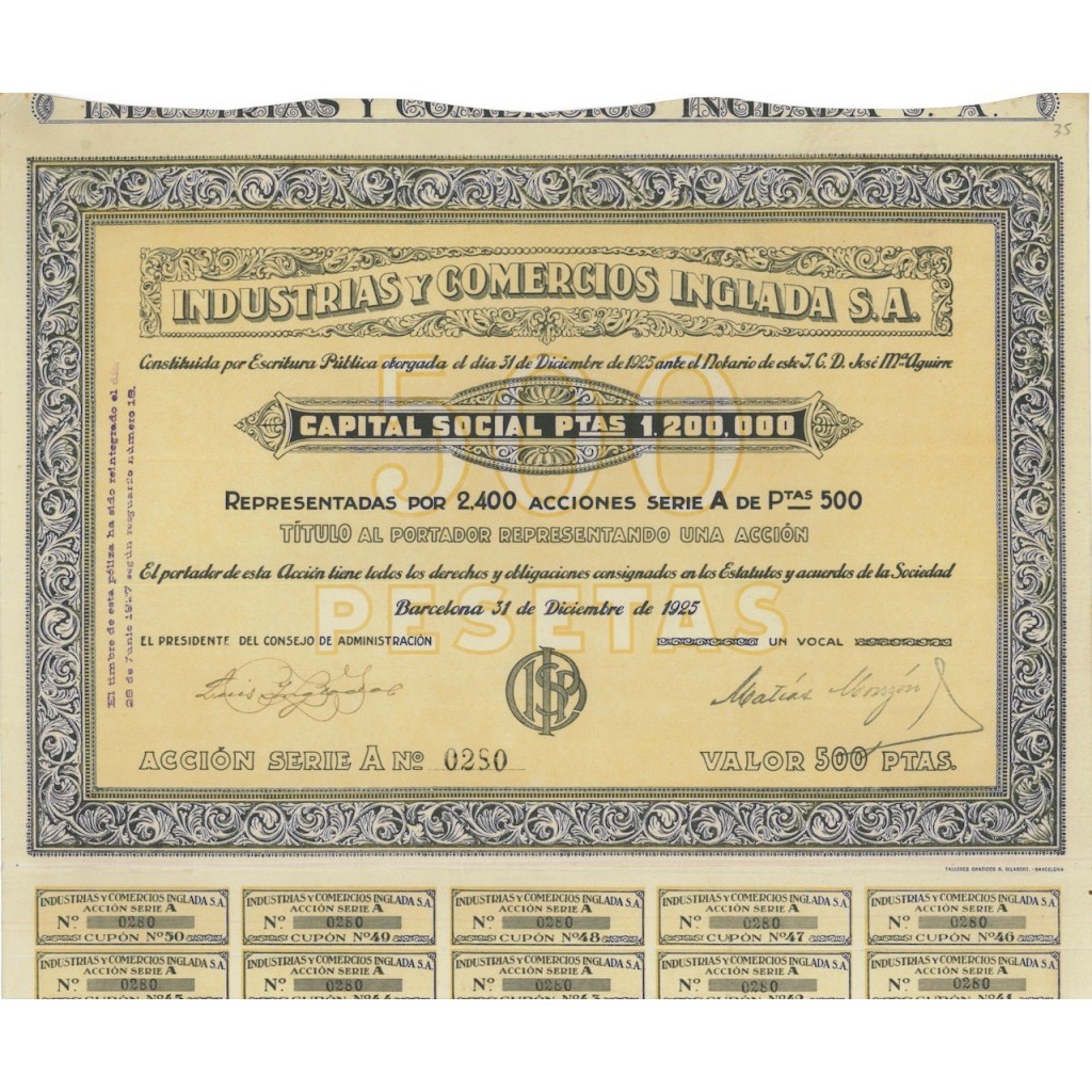 INDUSTRIAS Y COMERCIOS INGLADA S.A. - 1 AZIONE - 1925