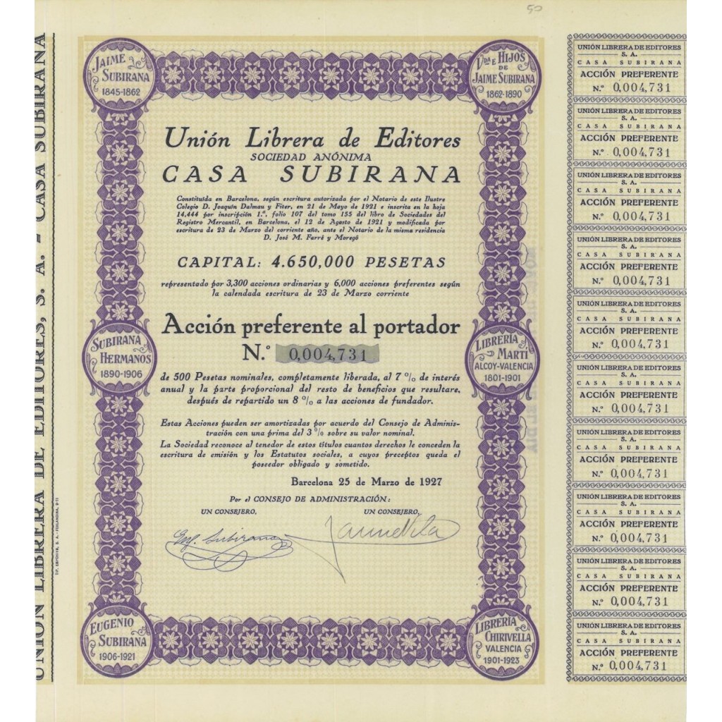 UNION LIBRERA DE EDITORES CASA SUBIRANA - 1 AZIONE - 1927