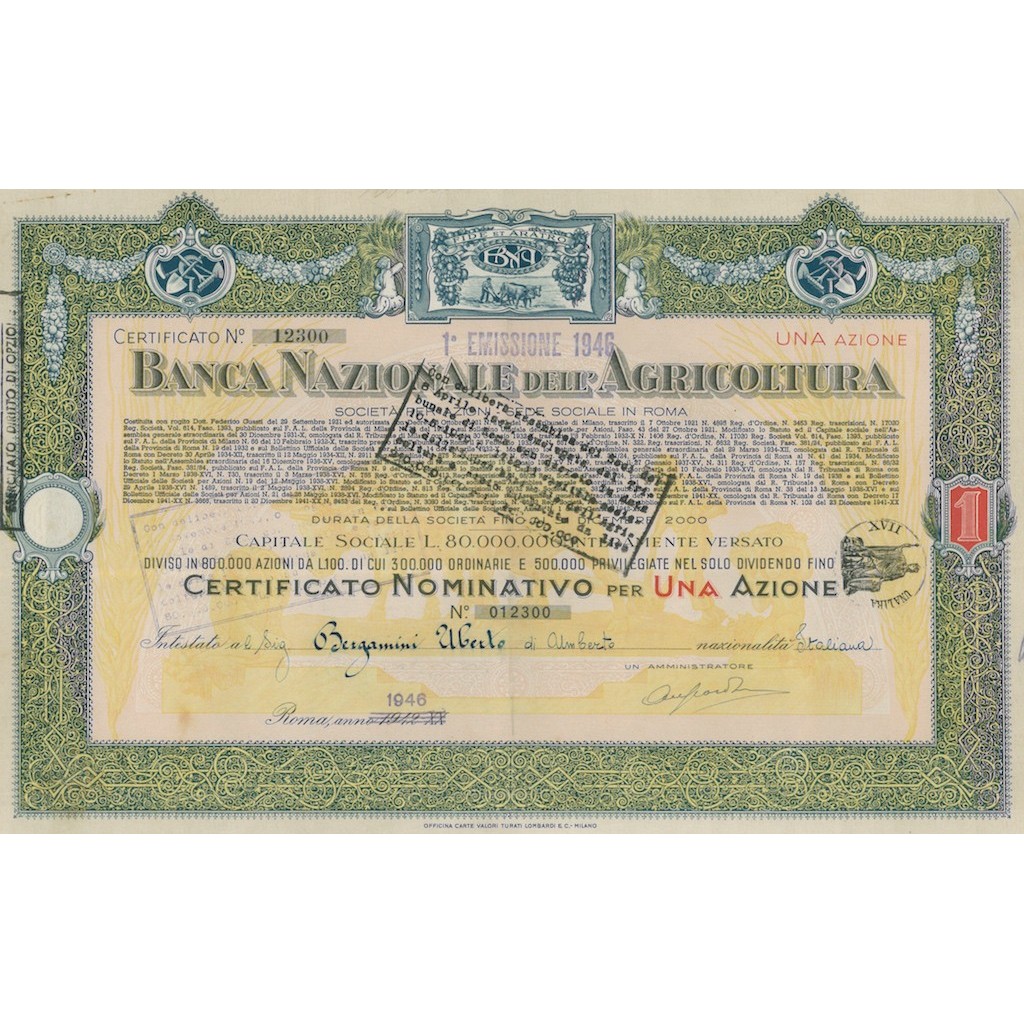BANCA NAZIONALE DELL AGRICOLTURA - 1 AZIONE ROMA 1946