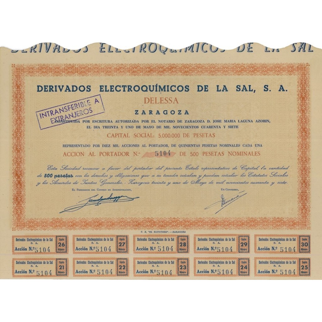 DERIVADOS ELECTROQUIMICOS DE LA SAL, S.A. 1 AZIONE 1947