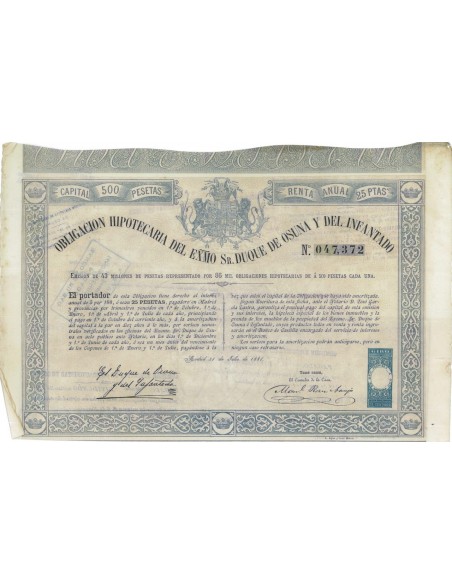 OBLIGACION HIPOTECARIA DUQUE DE OSUNA Y DEL INFANTADO 1881