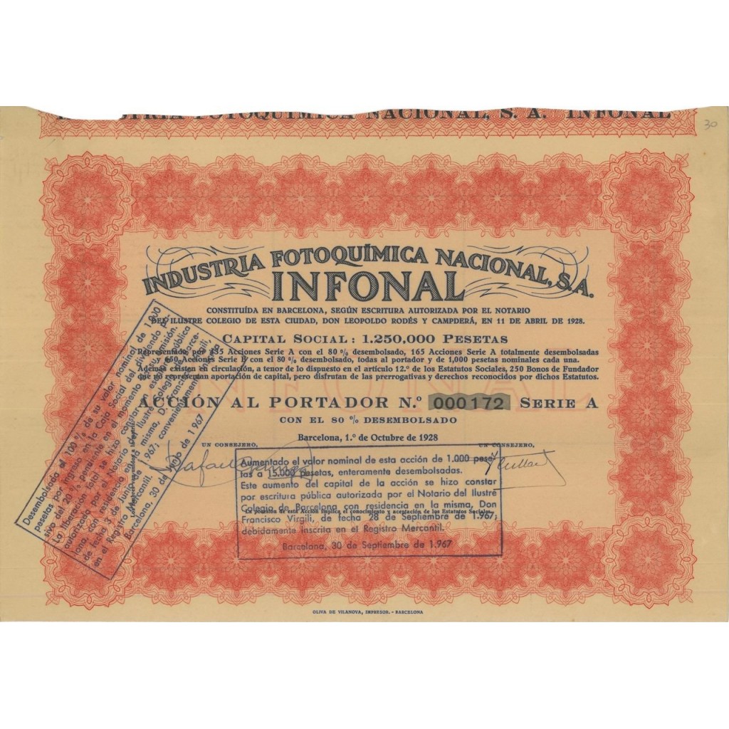 INDUSTRIA FOTOQUIMICA NACIONAL S.A. - AZIONE - 1928