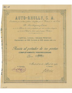 AUTO-RHULLY, S.A. - 1 AZIONE AL PORTATORE - 1920