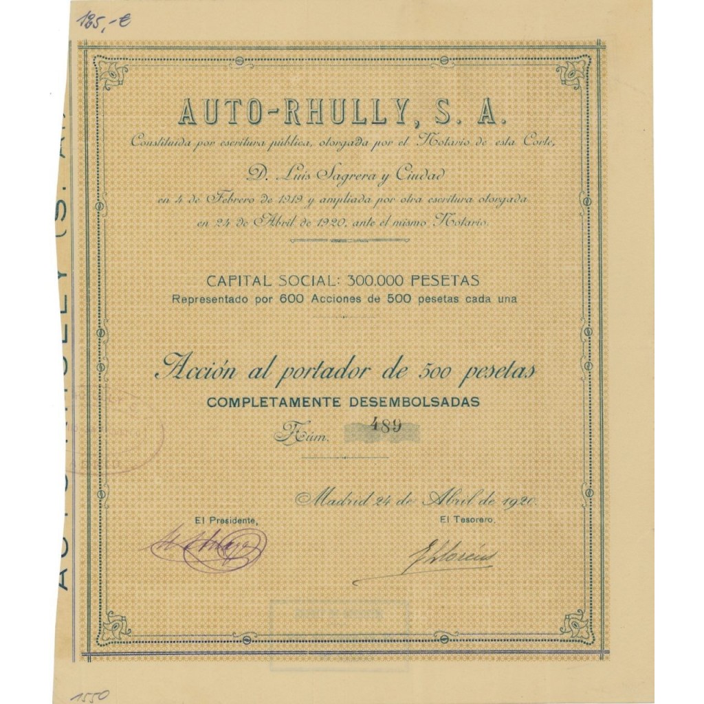 AUTO-RHULLY, S.A. - 1 AZIONE AL PORTATORE - 1920