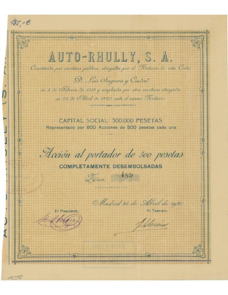AUTO-RHULLY, S.A. - 1 AZIONE AL PORTATORE - 1920