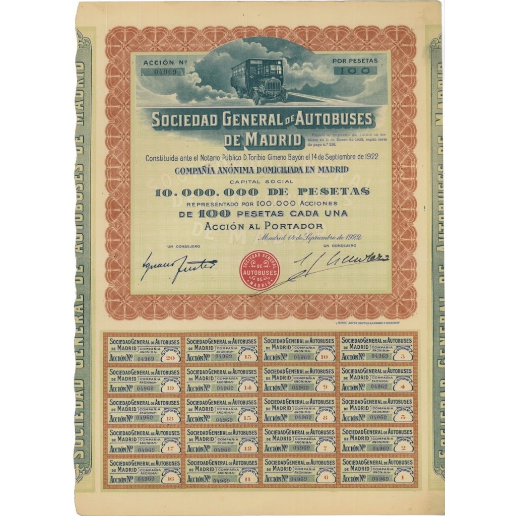 SOCIEDAD GENERAL DE AUTOBUSES DE MADRID - 1 AZIONE - 1922