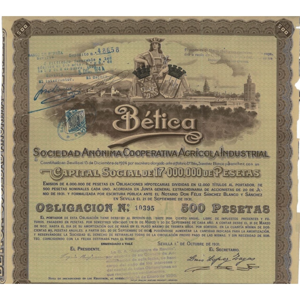 BETICA SOC. ANON. COOP. AGRICULA INDUSTRIAL 1 OBBLIG. 1931
