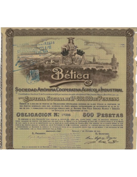 BETICA SOC. ANON. COOP. AGRICULA INDUSTRIAL 1 OBBLIG. 1931