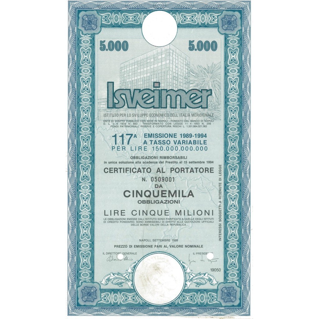 ISVEIMER - Certificato al portatore 117^ emissione 1989-1994 di cinquemila obbligazioni