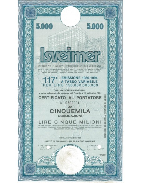 ISVEIMER - Certificato al portatore 117^ emissione 1989-1994 di cinquemila obbligazioni