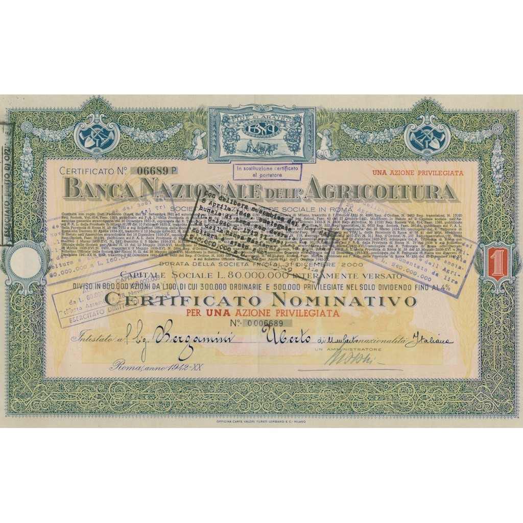 BANCA NAZIONALE DELL AGRICOLTURA - 1 AZIONE PRIVILEGIATA ROMA 1942