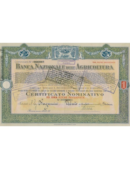 BANCA NAZIONALE DELL AGRICOLTURA - 1 AZIONE PRIVILEGIATA ROMA 1942