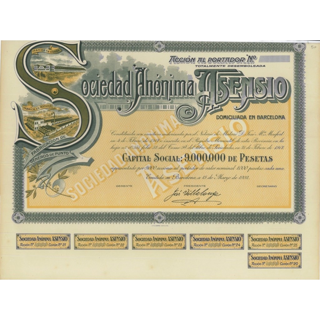 SOCIEDAD ANONIMA ASENSIO - 1 AZIONE - 1952