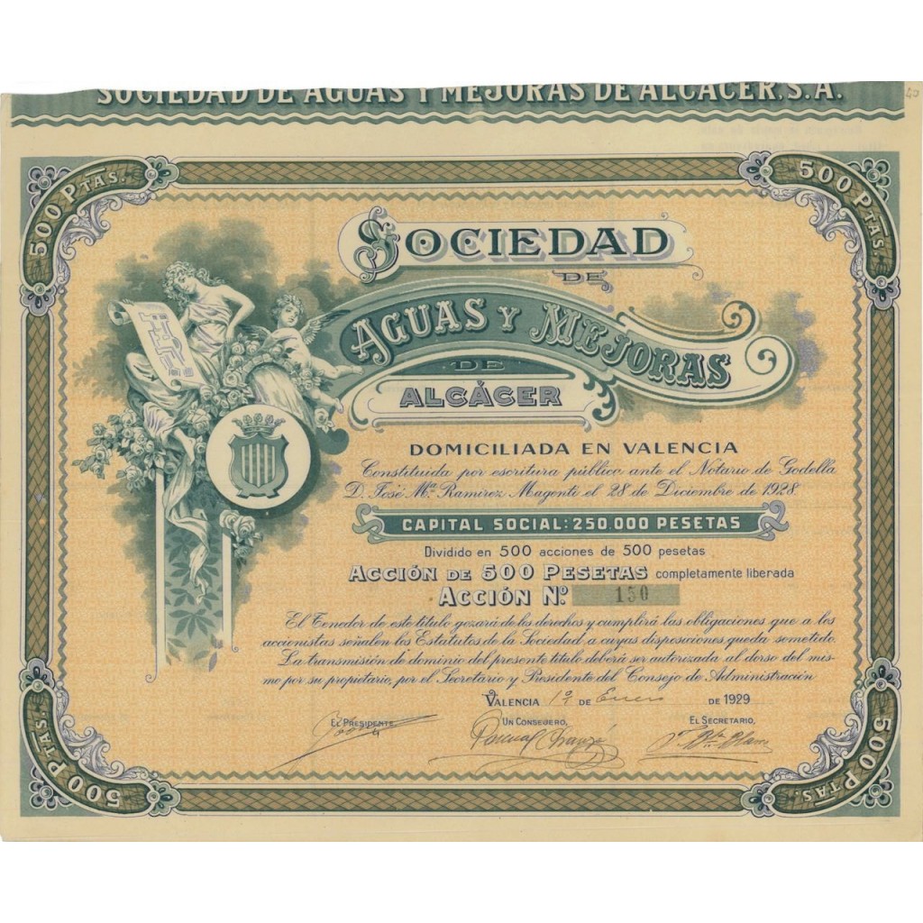 SOCIEDAD DE AGUAS Y MEJORES DE ALCACER - 1 AZIONE - 1929