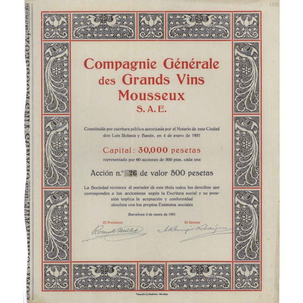 COMP. GENERALE DES GRANDS VINS MOUSSEUX S.A.E. 1 AZIONE 1921