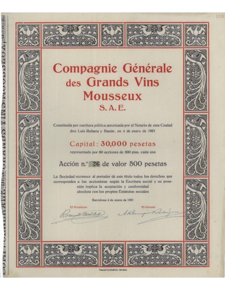 COMP. GENERALE DES GRANDS VINS MOUSSEUX S.A.E. 1 AZIONE 1921