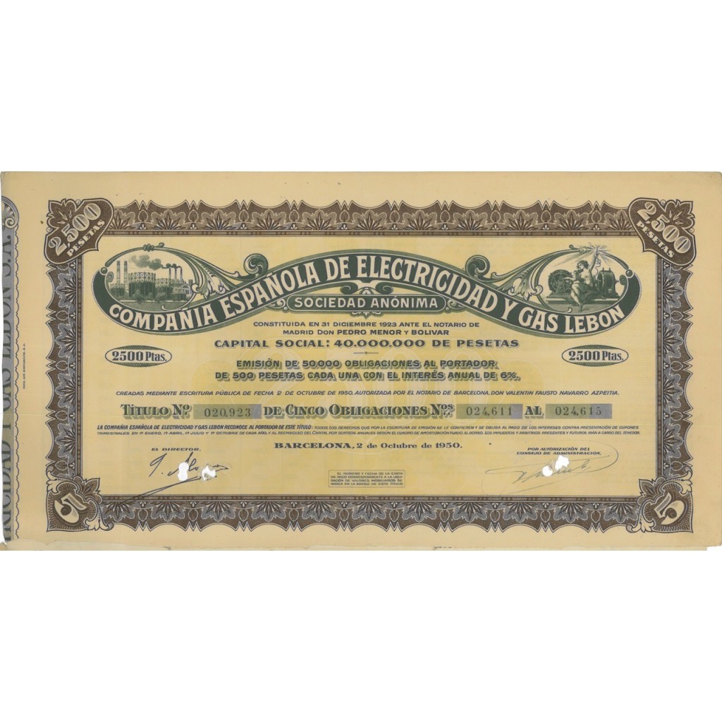 COMP. ESPANOLA DE ELECTRICIDAD Y GAS LEBON - 5 OBBLIGAZ. 1950