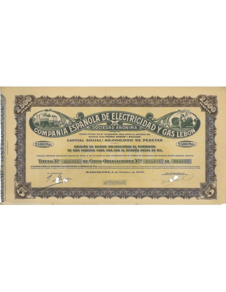 COMP. ESPANOLA DE ELECTRICIDAD Y GAS LEBON - 5 OBBLIGAZ. 1950