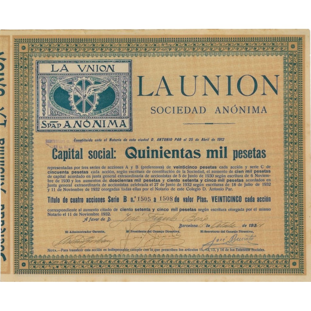 SOC. ANON. LA UNION - 4 AZIONI - 1941