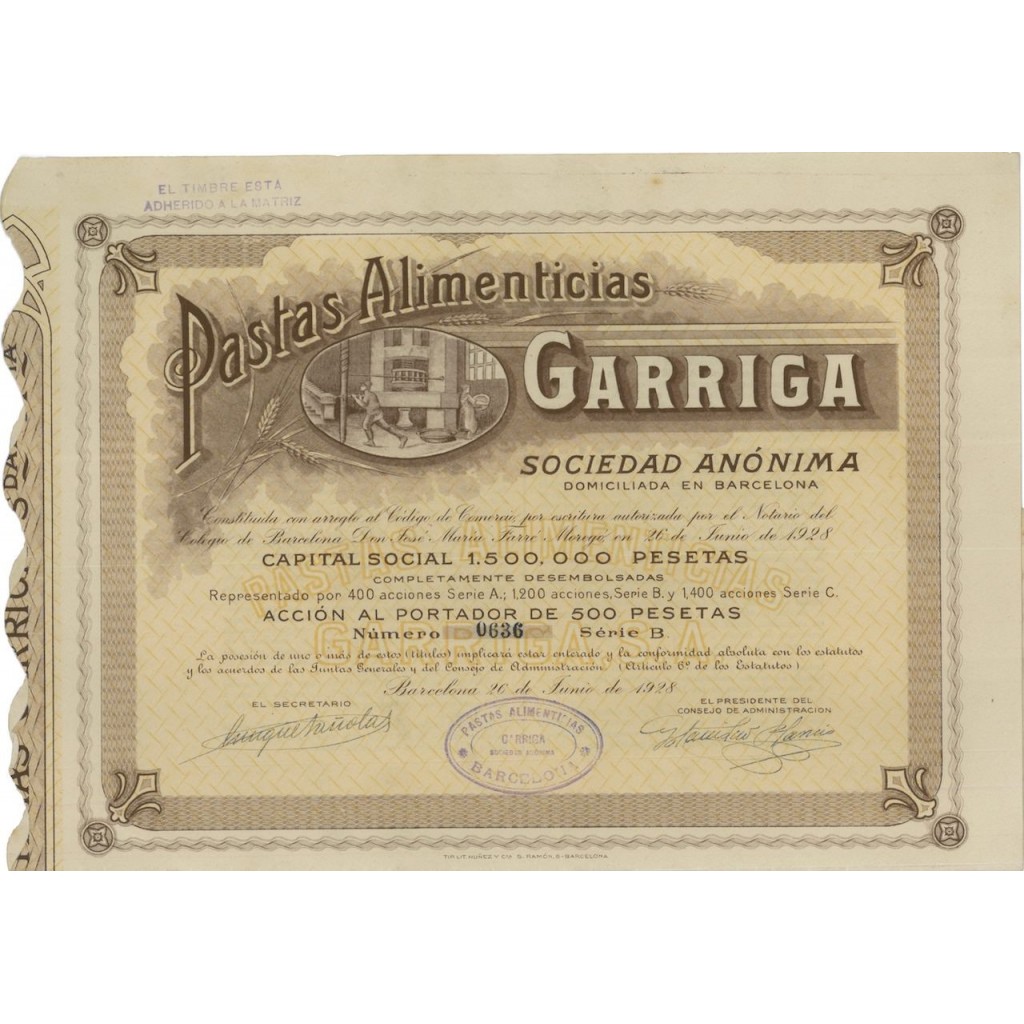 PASTA ALIMENTICIAS GARRIGA - 1 AZIONE - 1928