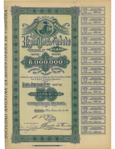 SOC. ANON. LA ARGENTIFERA DE CORDOBA - 1 AZIONE - 1916