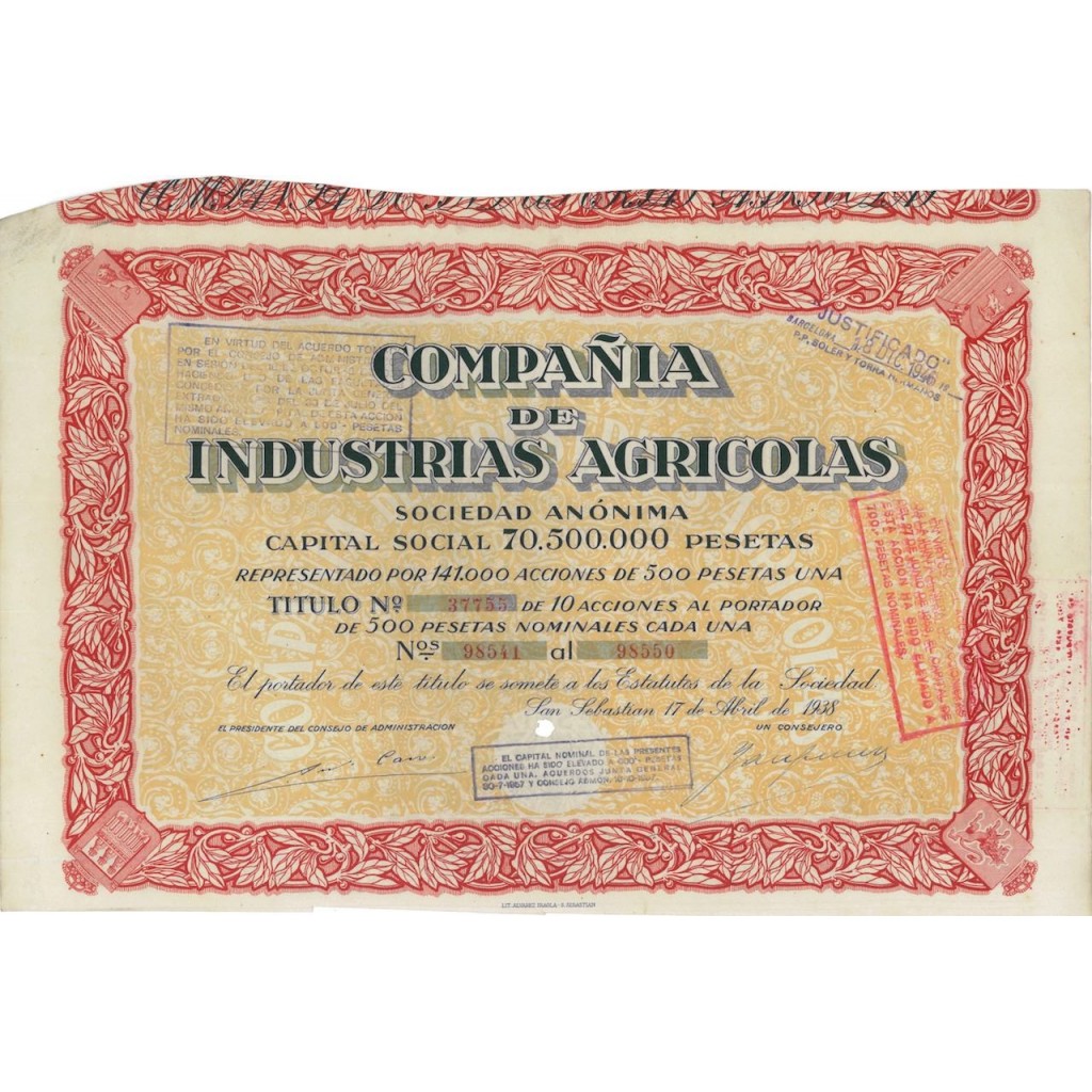 COMPANIA DE INDUSTRIAS AGRICOLAS - 10 AZIONI - 1938