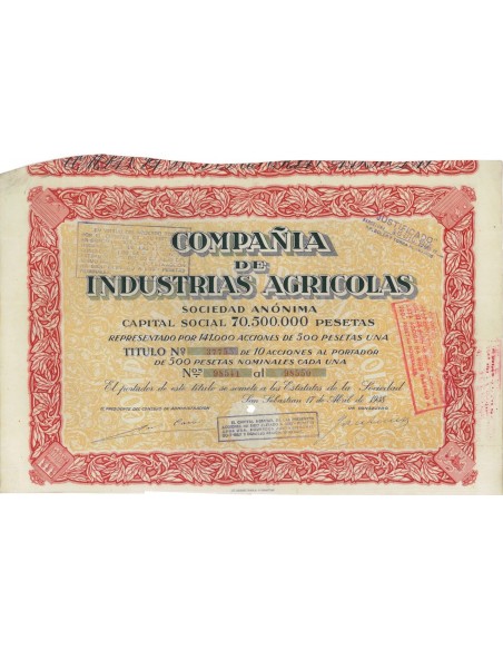 COMPANIA DE INDUSTRIAS AGRICOLAS - 10 AZIONI - 1938