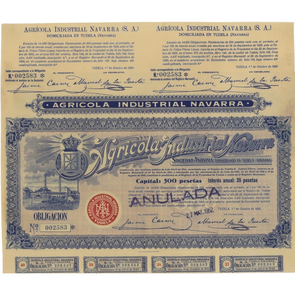 AGRICOLA INDUSTRIAL NAVARRA - 1 OBBLIGAZIONE 1952