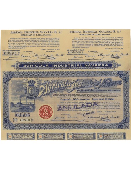 AGRICOLA INDUSTRIAL NAVARRA - 1 OBBLIGAZIONE 1952