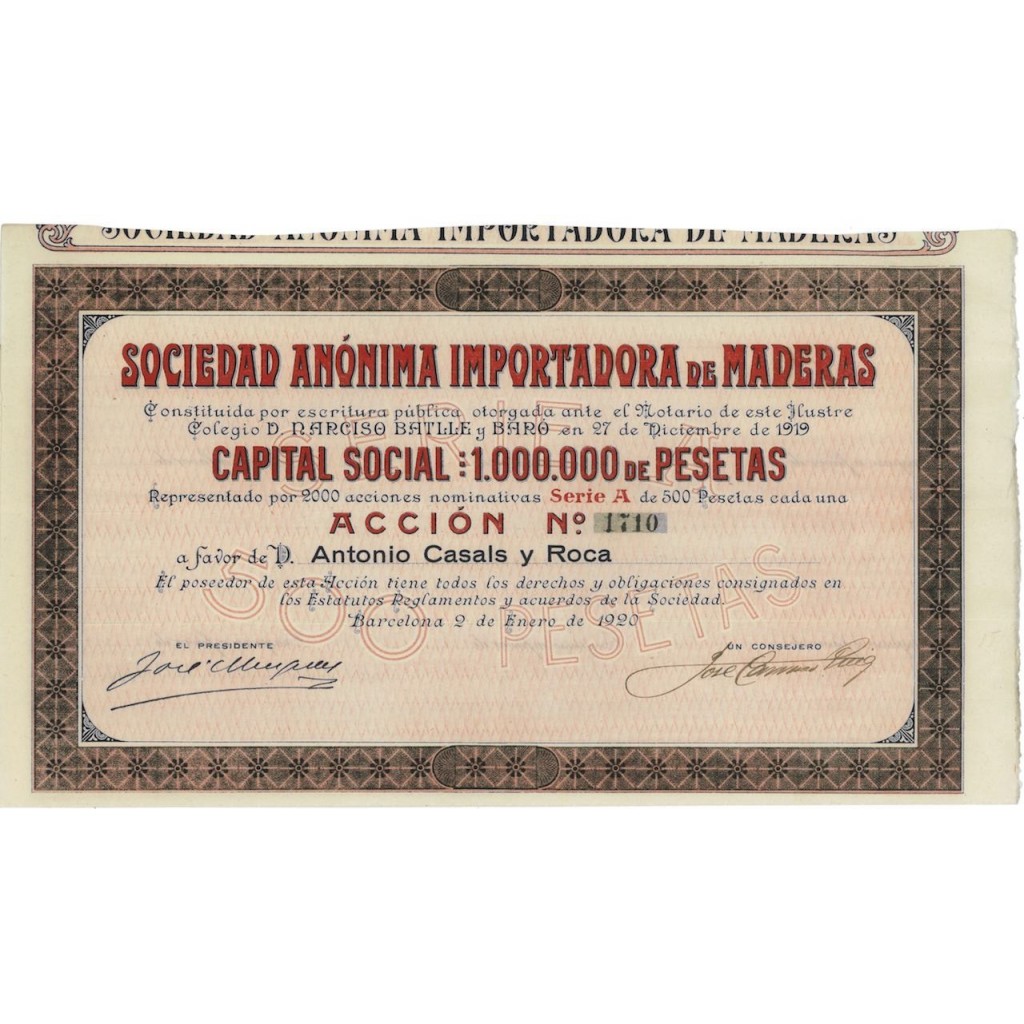 SOCIEDAD ANON. IMPORTADORA DE MADERAS - 1 AZIONE - 1920