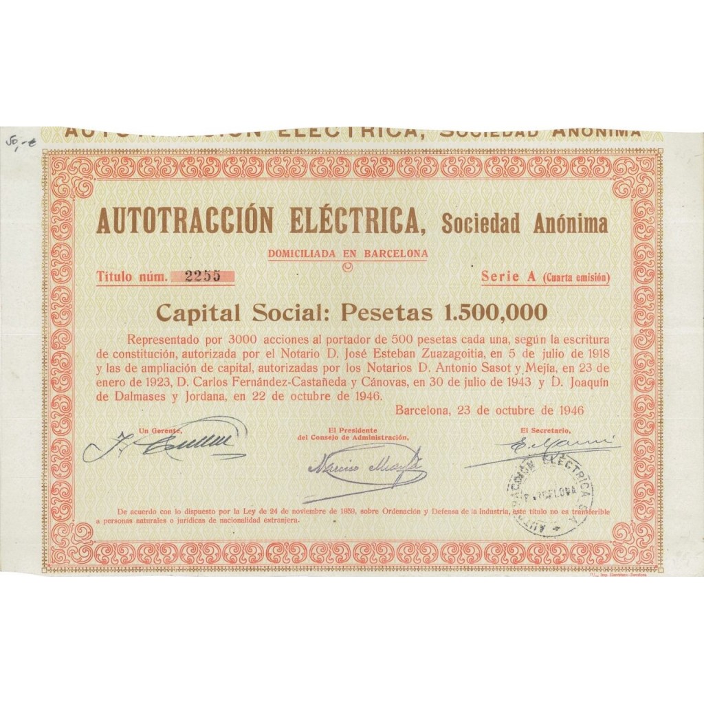AUTOTRACCION ELECTRICA, SOC. ANON. OBBLIGAZIONE - 1946