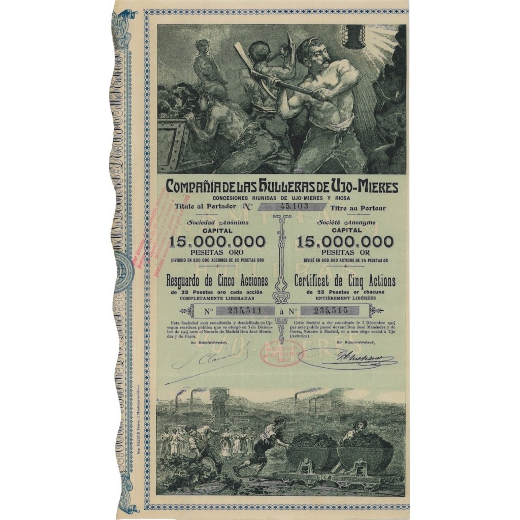 COMPANIA DE LAS HULLERAS DE UJO-MIERES - 5 AZIONI - 1904