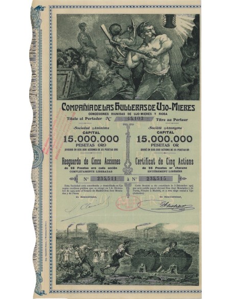 COMPANIA DE LAS HULLERAS DE UJO-MIERES - 5 AZIONI - 1904