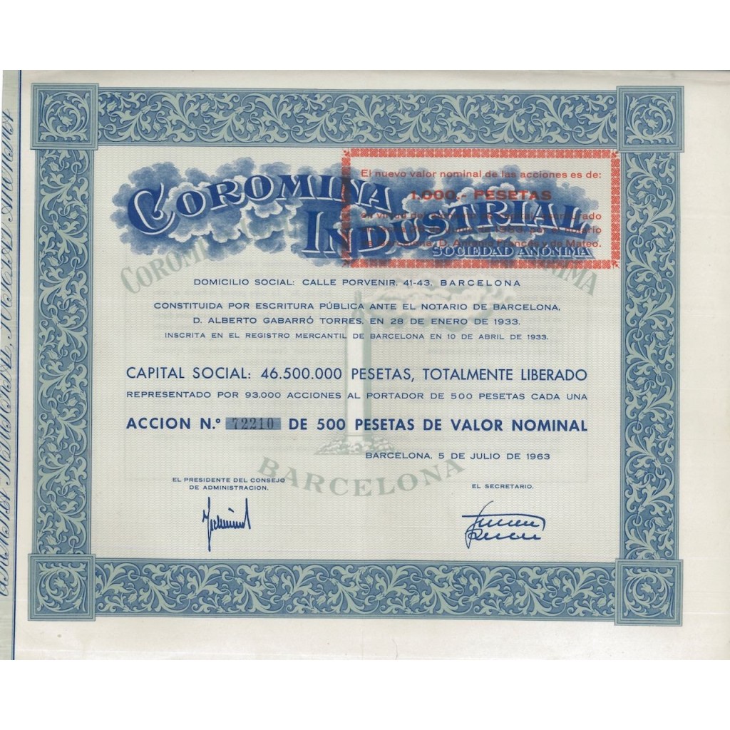 COROMINA INDUSTRIAL S.A. 1 AZIONE DI 500 PESETAS - 1963
