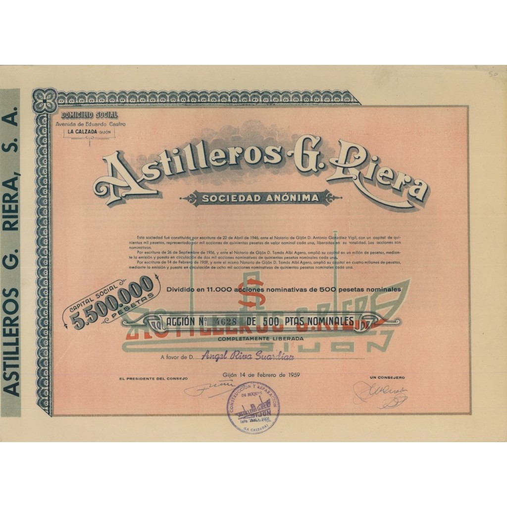 ASTILLEROS G. RIERA S.A. 1 AZIONE - 1959