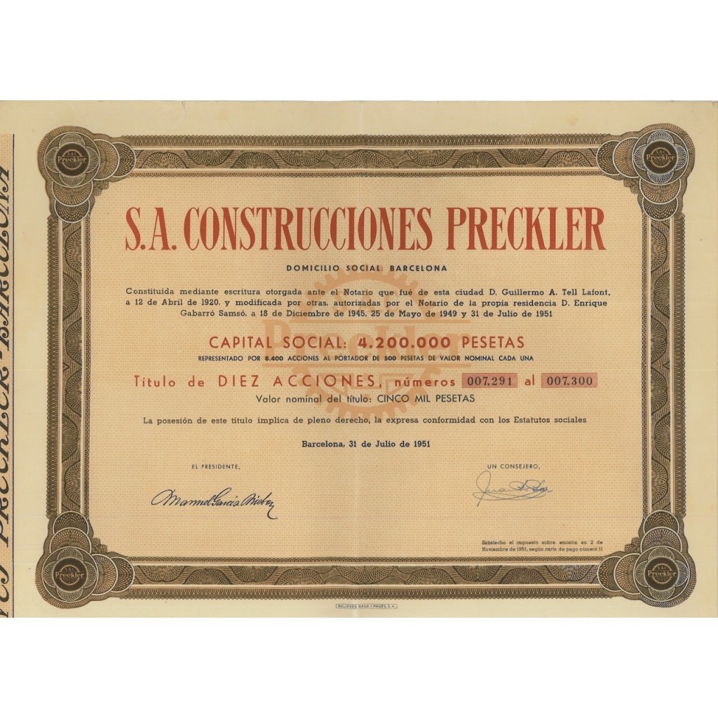 S.A. CONSTRUCCIONES PRECKLER - 10 AZIONI 1951