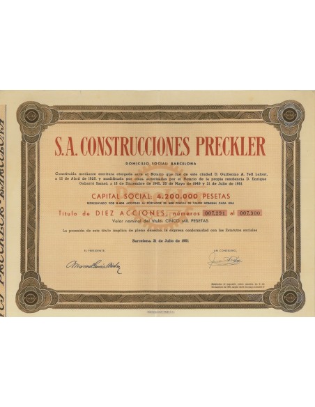 S.A. CONSTRUCCIONES PRECKLER - 10 AZIONI 1951