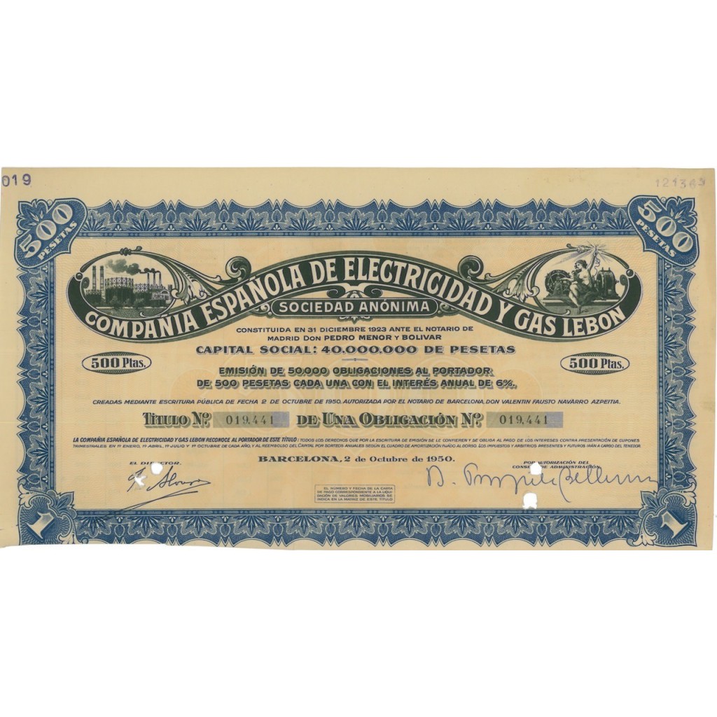 COMPANIA ESPANOLA DE ELECTRICIDAD Y GAS LEBON 1 OBBLIG. 1950