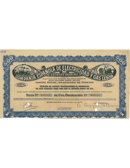COMPANIA ESPANOLA DE ELECTRICIDAD Y GAS LEBON 1 OBBLIG. 1950