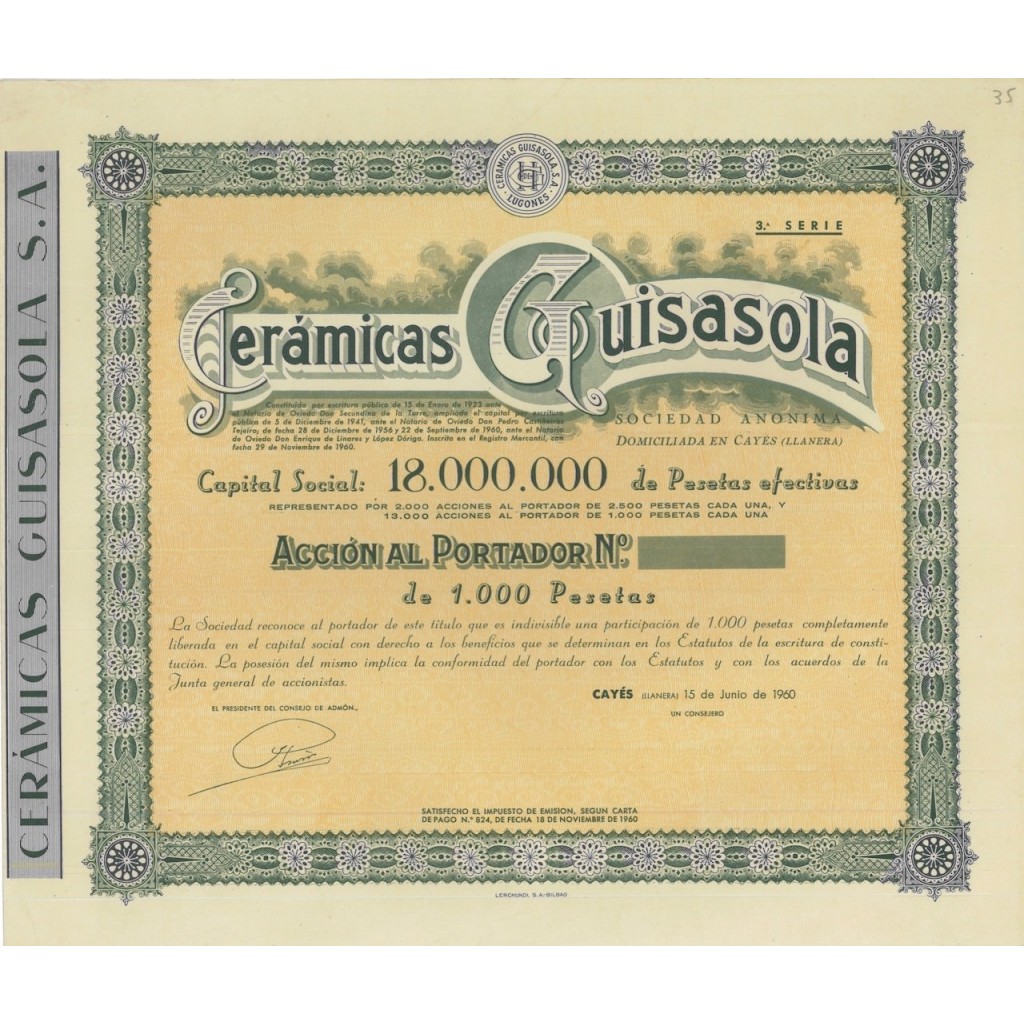 CERAMICAS GUISASOLA S.A. 1 AZIONE - 1960