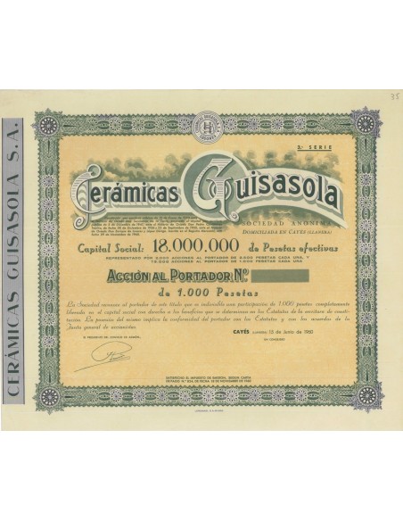 CERAMICAS GUISASOLA S.A. 1 AZIONE - 1960
