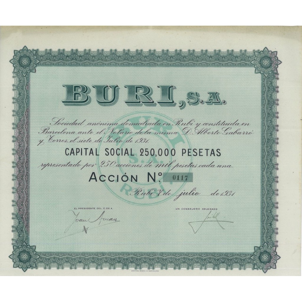 BURI, S.A. - 1 AZIONE - 1931