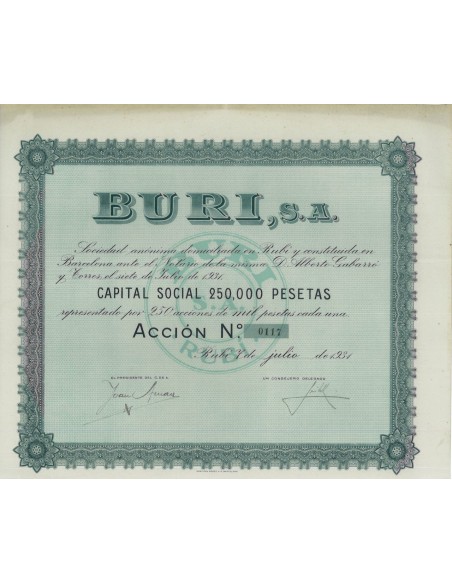 BURI, S.A. - 1 AZIONE - 1931
