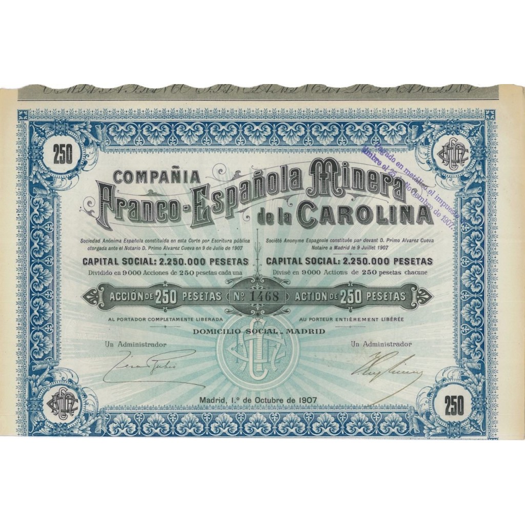 COMPANIA FRANCO-ESPANOLA MINERA DE CAROLINA 1 AZIONE 1907
