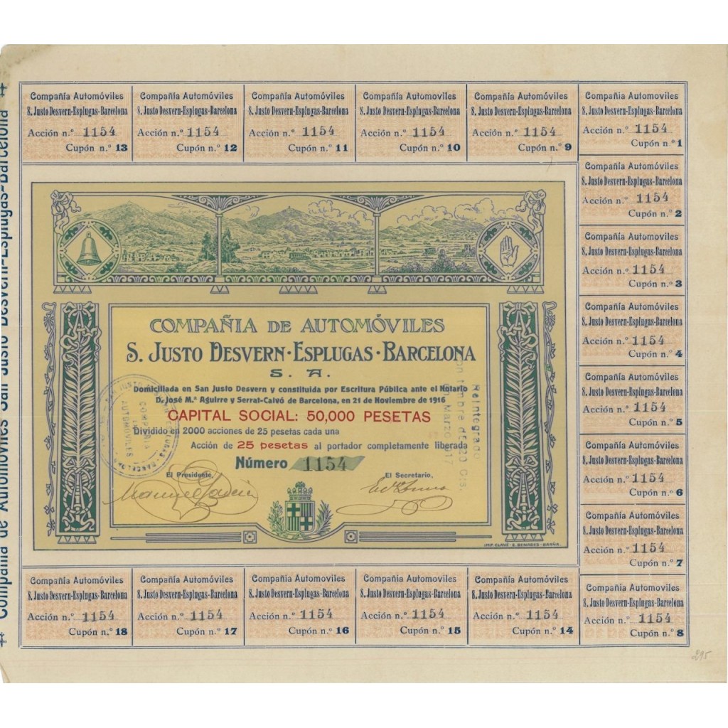 COMP. DE AUTOMOVILES S. JUSTO DESVERN 1 AZIONE - 1916