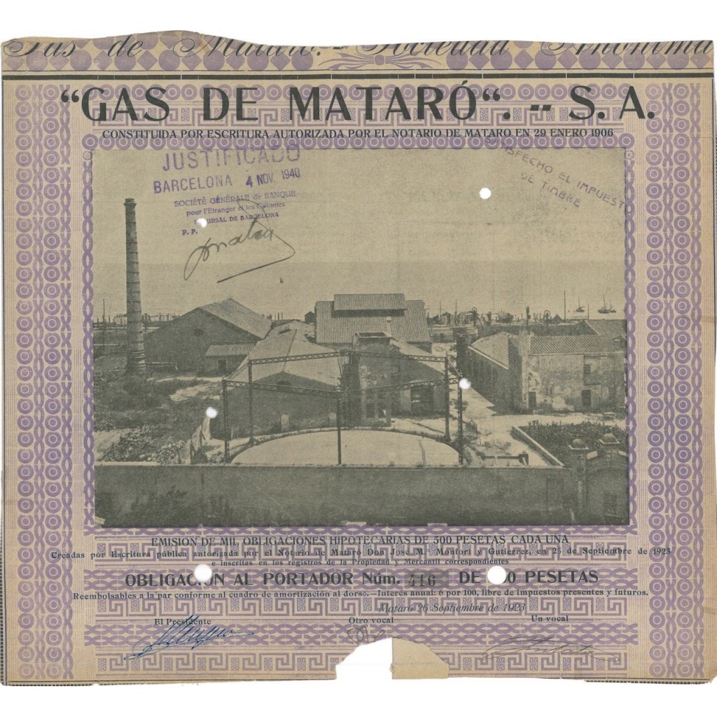 GAS DE MATARO S.A. - 1 OBBLIGAZIONE 1923