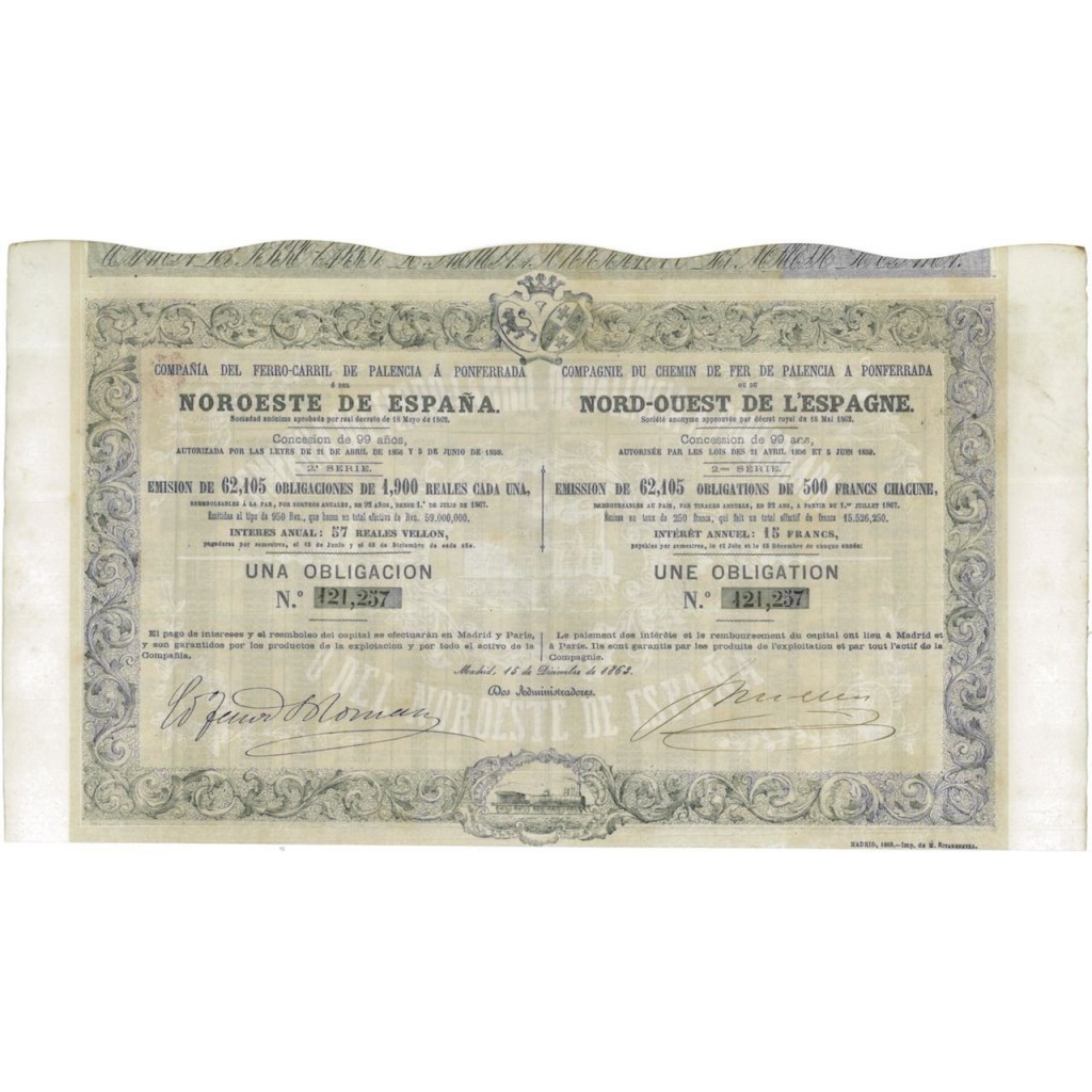 COMP. DEL FERRO-CARRIL DE PALENCIA A ... 1 OBBLIGAZIONE 1863