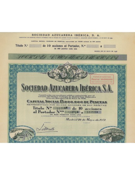 SOCIEDAD AZUCARERA IBERICA S.A. 10 AZIONI - 1931